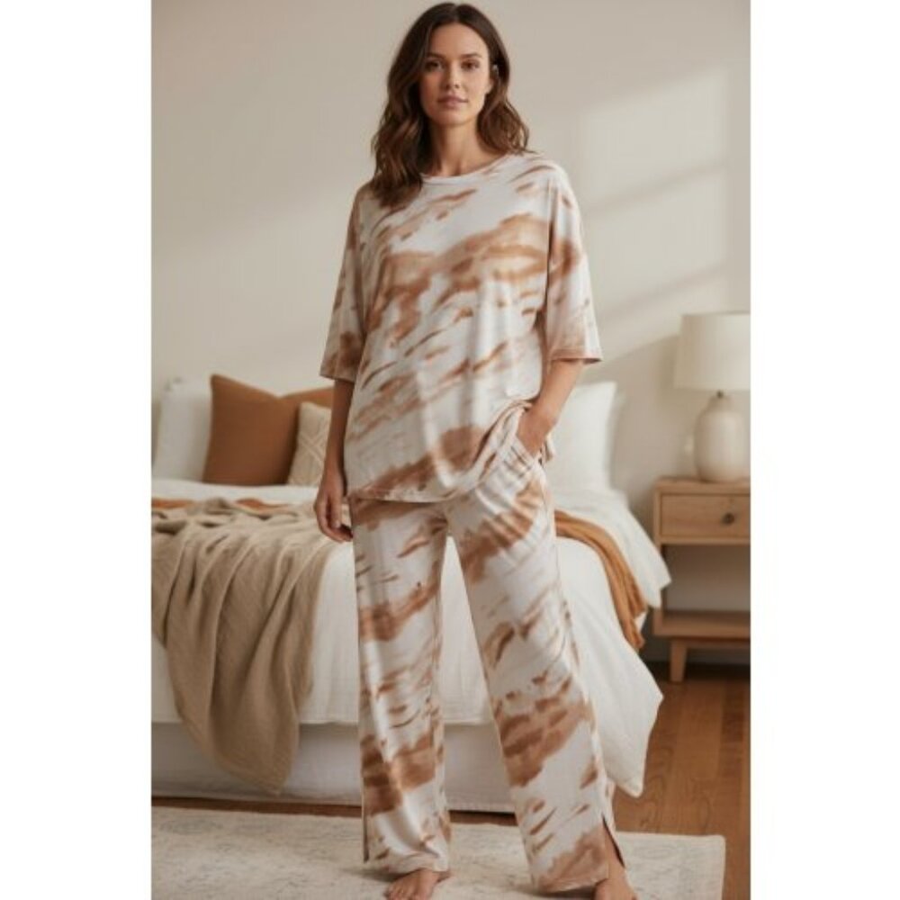 STUDIO 1886 Brown Tie Dye Short Sleeve Pajama Set Ladies Large Size 12-14